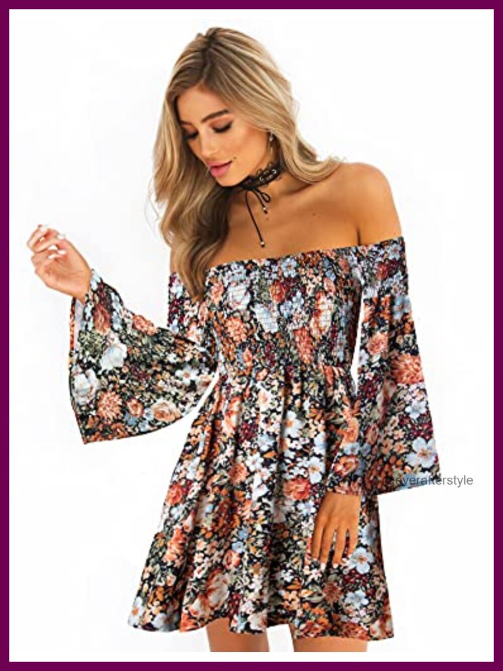 Women's Floral Off Shoulder Long Sleeve Mini Dress Casual Fit & Flare